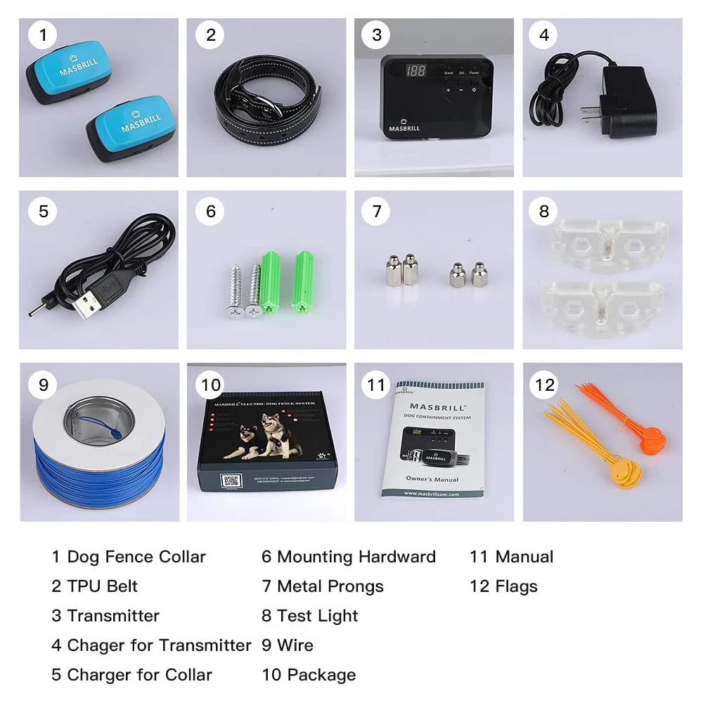 MASBRILL Pet Dog Electric Fence System Rechargeable Waterproof Adjustable Dog Training Collar Electronic Fencing Accessories pet dog training collar