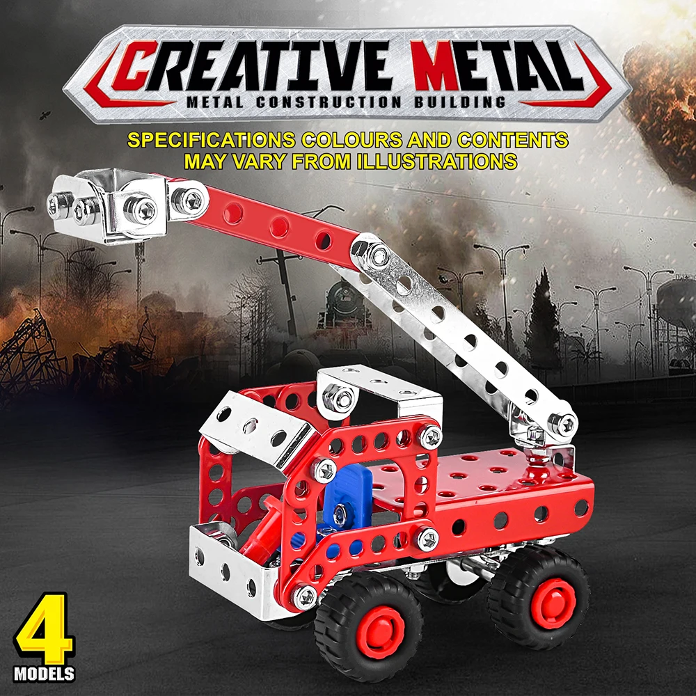 Metal Assembly Building Block Fire Truck Model Crane Excavator Bulldozer Engineering Vehicle Set DIY Screw Nut Alloy Toy for Boy assemble toy building block toy