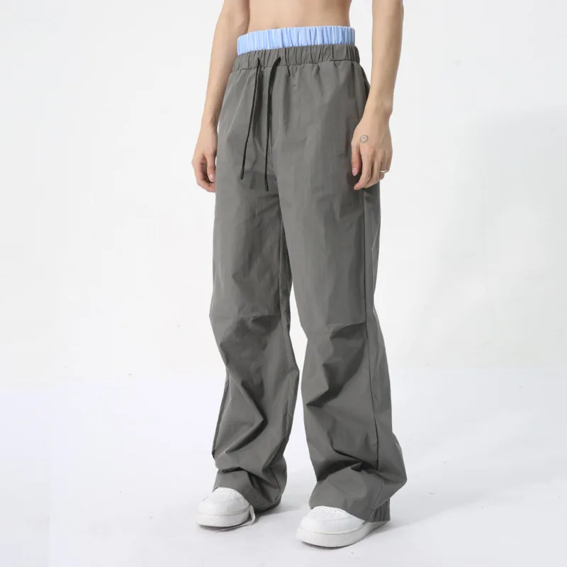NOYMEI Fashion Niche Design Men Pants Causal Summer Layering Loose All-match Patchwork Contrast Color Drawstring Trousers WA4405