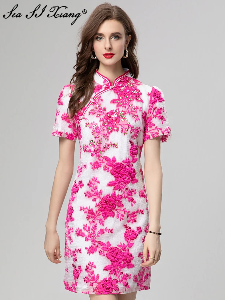 

Женское жаккардовое мини-платье Seasixiang, летнее дизайнерское платье с воротником-стойкой и коротким рукавом, платье в китайском стиле с кристаллами и стразами