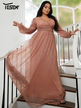 Yesexy Plus Size Surplice Neck Lantern Sleeve Mesh Dress Fashion Elegant Evening Dress Wedding Dress