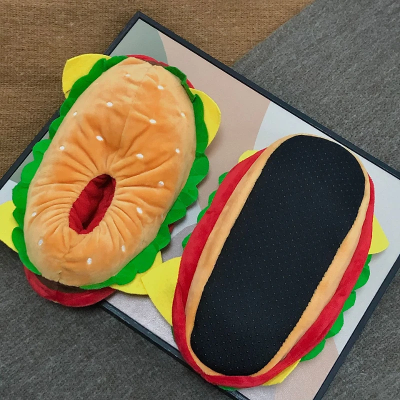 Funny Cotton Slippers Women Cute Cartoon Hamburger Shoes One Size Sneakers Female Indoor Home Slippers Warm Winter Slides Unisex