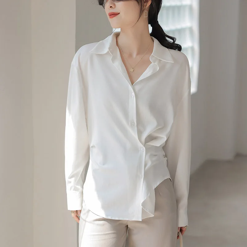 

Fashion French esimple satin face V-neck Appears thin Elegant All-match Women long sleeve Waist retraction shirts Top Z253