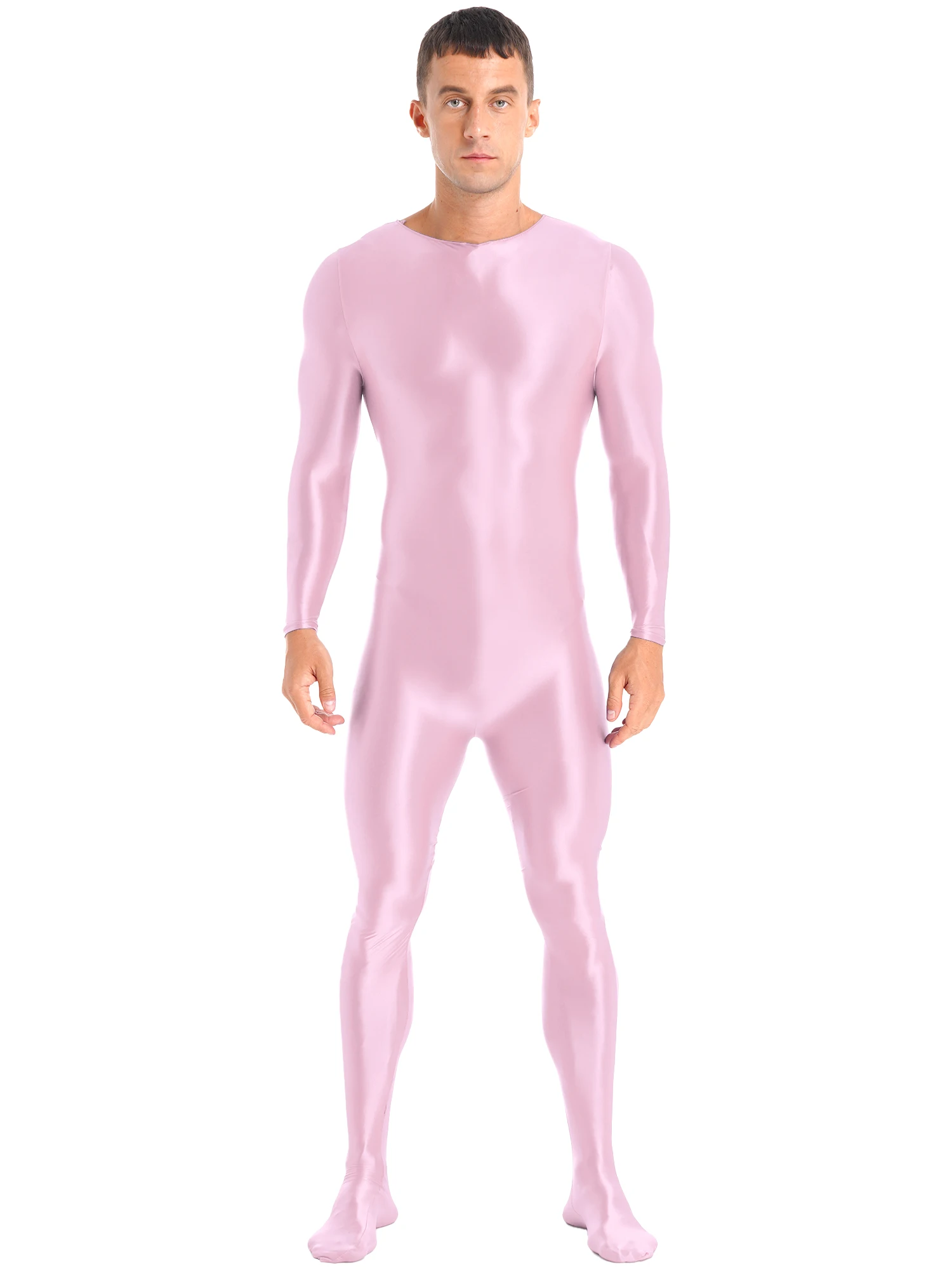 Mens Bodysuit Swim Mock Neck Back Zipper Bodystocking Glossy Solid Color Long Sleeve Bodysuit Sportwear Nightwear Swimwear
