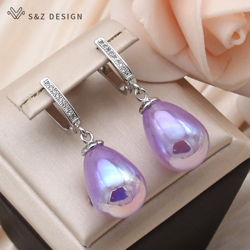 S&Z DESIGN New Fashion Colorful Water Drop Beads Dangle Earrings For Women Wedding 585 Rose Gold Color Cubic Zirconia Jewelry