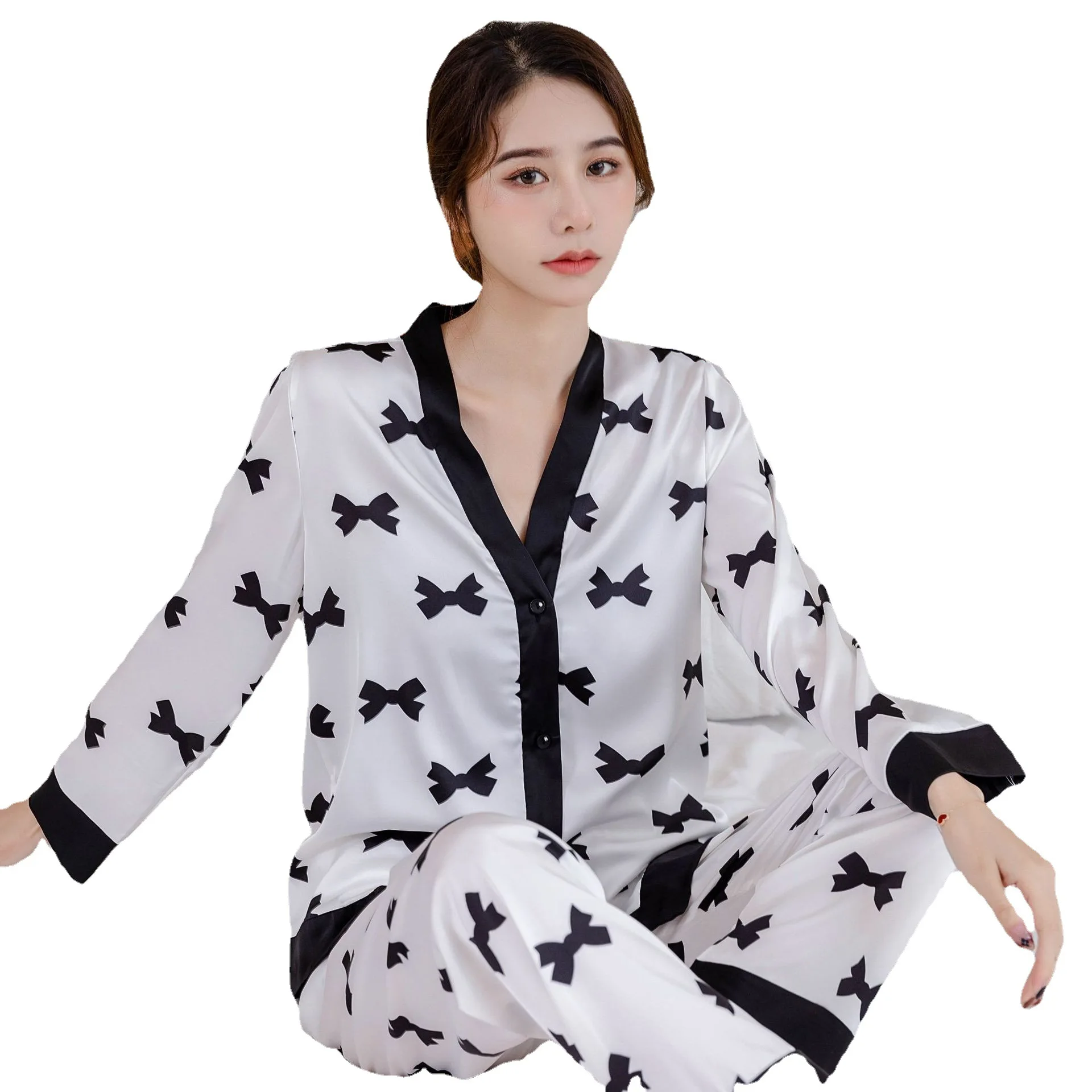 Spring Women Two-piece Satin Pajamas Nightwear Set V-neck Top and Pants Ladies Homewear Lounge Wear Sexy Pjs