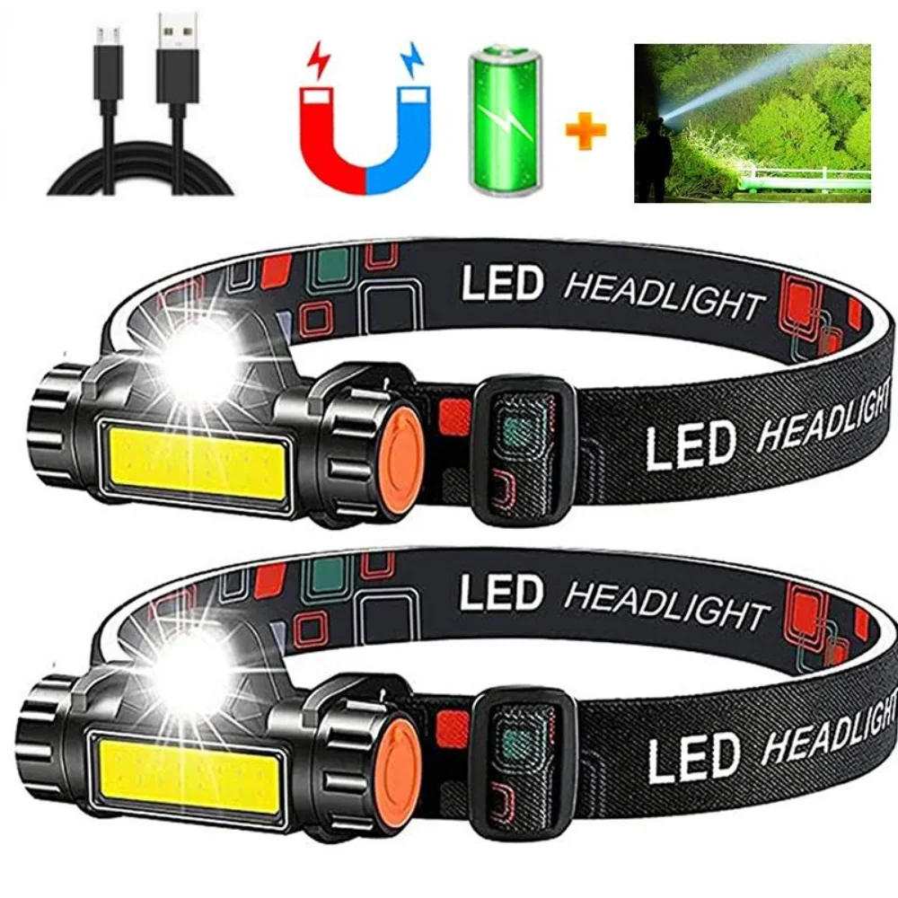 

USB Rechargeable LED Headlight Powerful COB Headlamp Head Flashlight Torch Waterproof Head Light with 1200mAh Built-in Battery