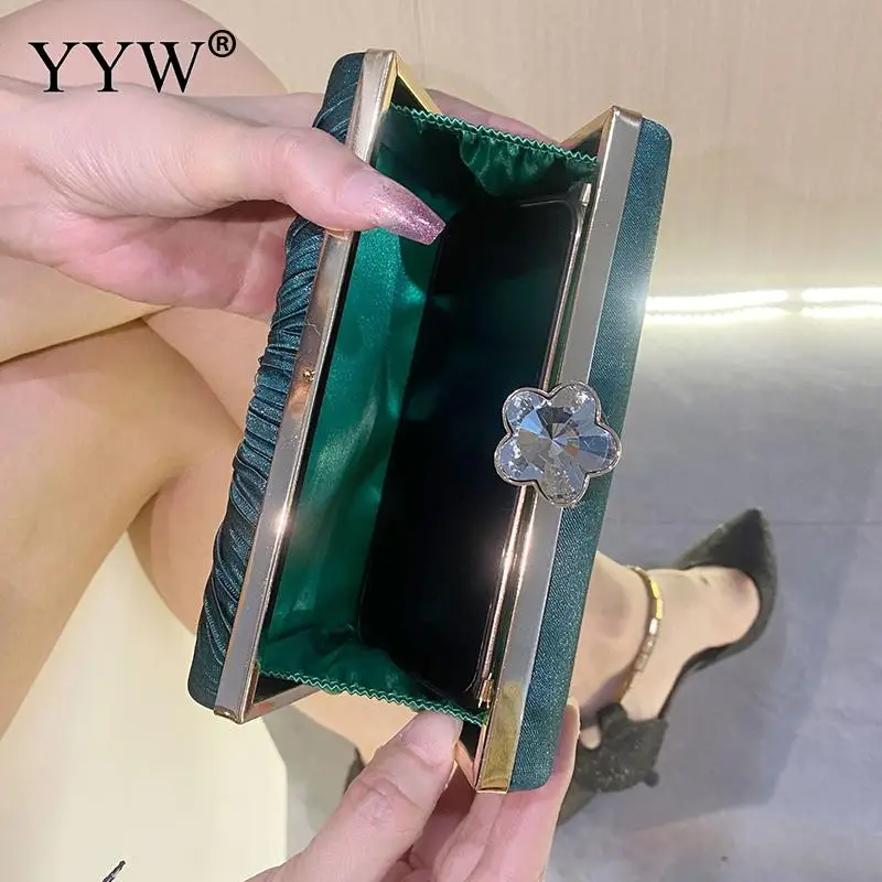 Elegant Pleated Silk Women Crystal Clutch Handbag Bling Rhinestone Floral Wedding Bridal Envelope Purse Crossbody Shoulder Bag