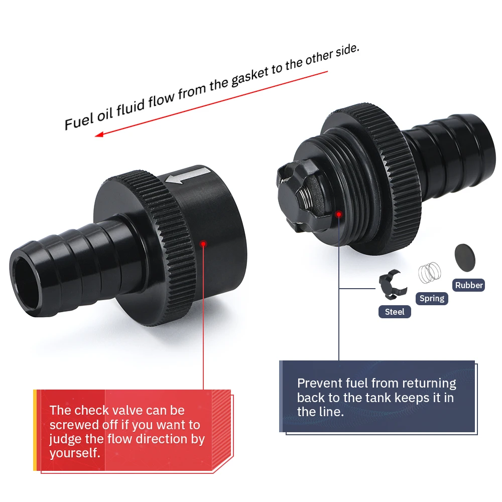 6 Size 4MM / 6MM / 8MM 10MM 12MM 16MM Non Return One Way Fuel Check Valve Aluminum Alloy Petrol Diesel check valve