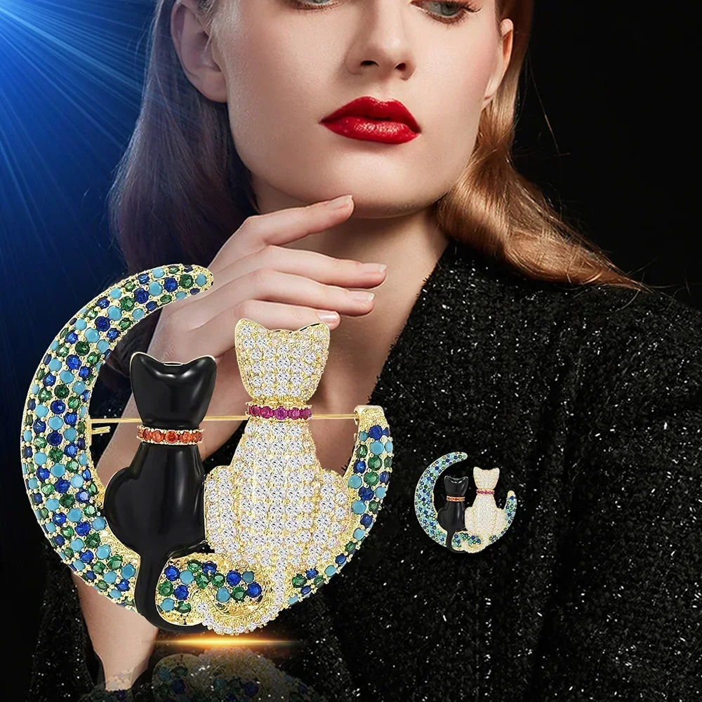 Two Cat on The Moon Animal Enamel Pin Brooch for Women Suit Accessories Rhinestone Black Cat White Cat Corsage Lapel Pins Gifts