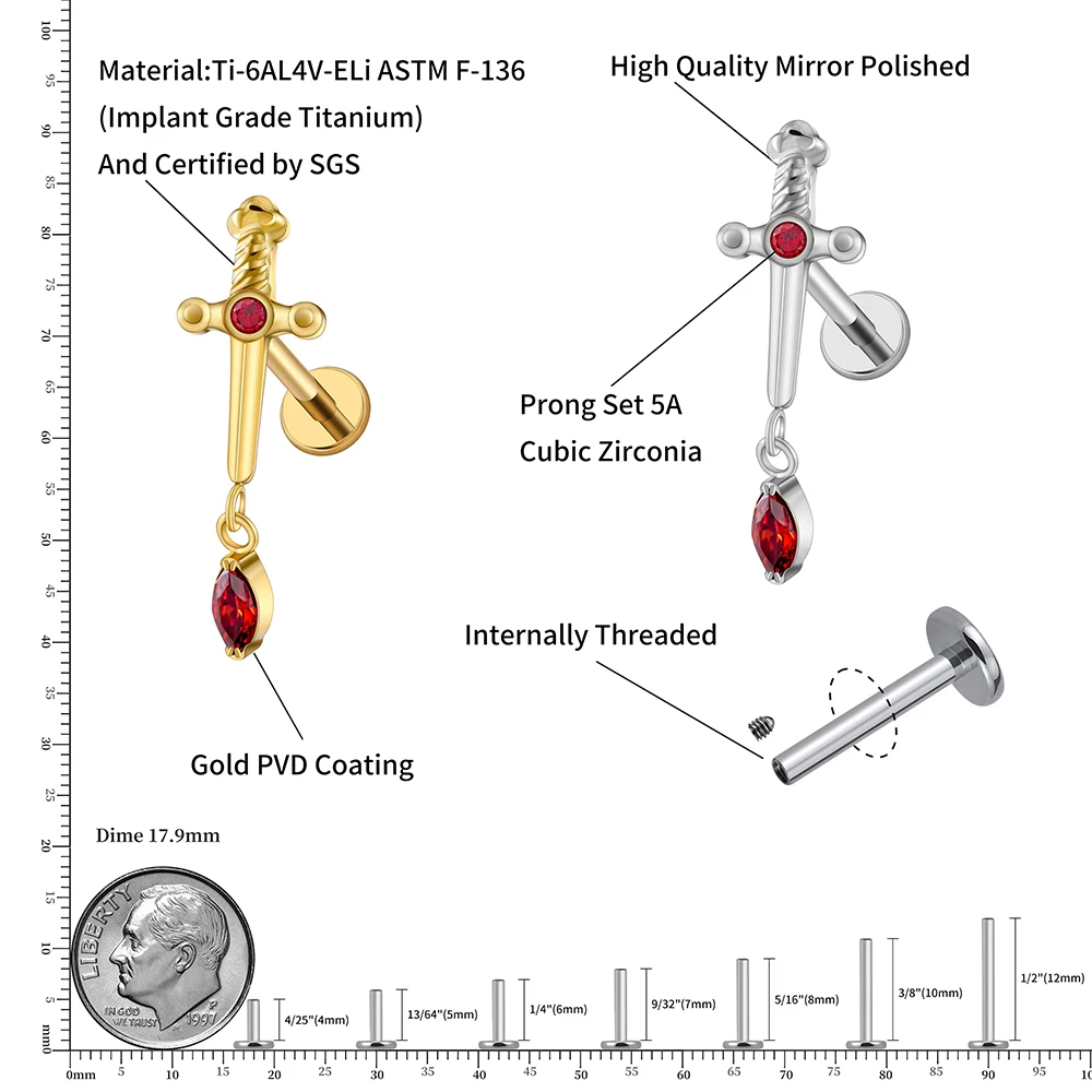 Right Grand ASTM F136 티타늄 16G 후작 혈액 CZ 댕글 단검 플랫 백 스터드 Labret 칼 스터드 귀걸이 연골 스터드 댕글 헬릭스 Tragus 귓불 피어싱 바디 쥬얼리
