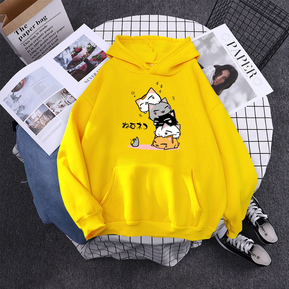 Cute Stacked Cats Sleeping Don'T See The Mouse Women Hoodies Fashion Loose Pullover Casual Fleece Hoody Trend Soft Female Sweat