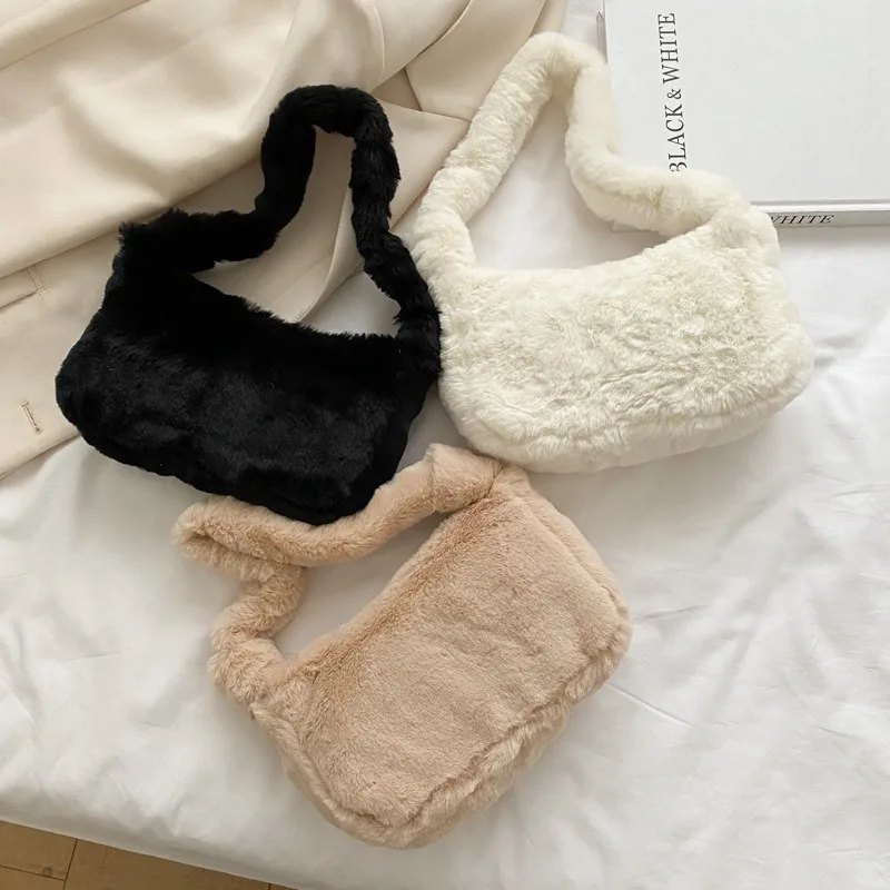 

Simple Design Women Soft Plush Hobos Shoulder Bags Winter Furry Ladies Clutch Purse Handbag Fashion Female Underarm Bag
