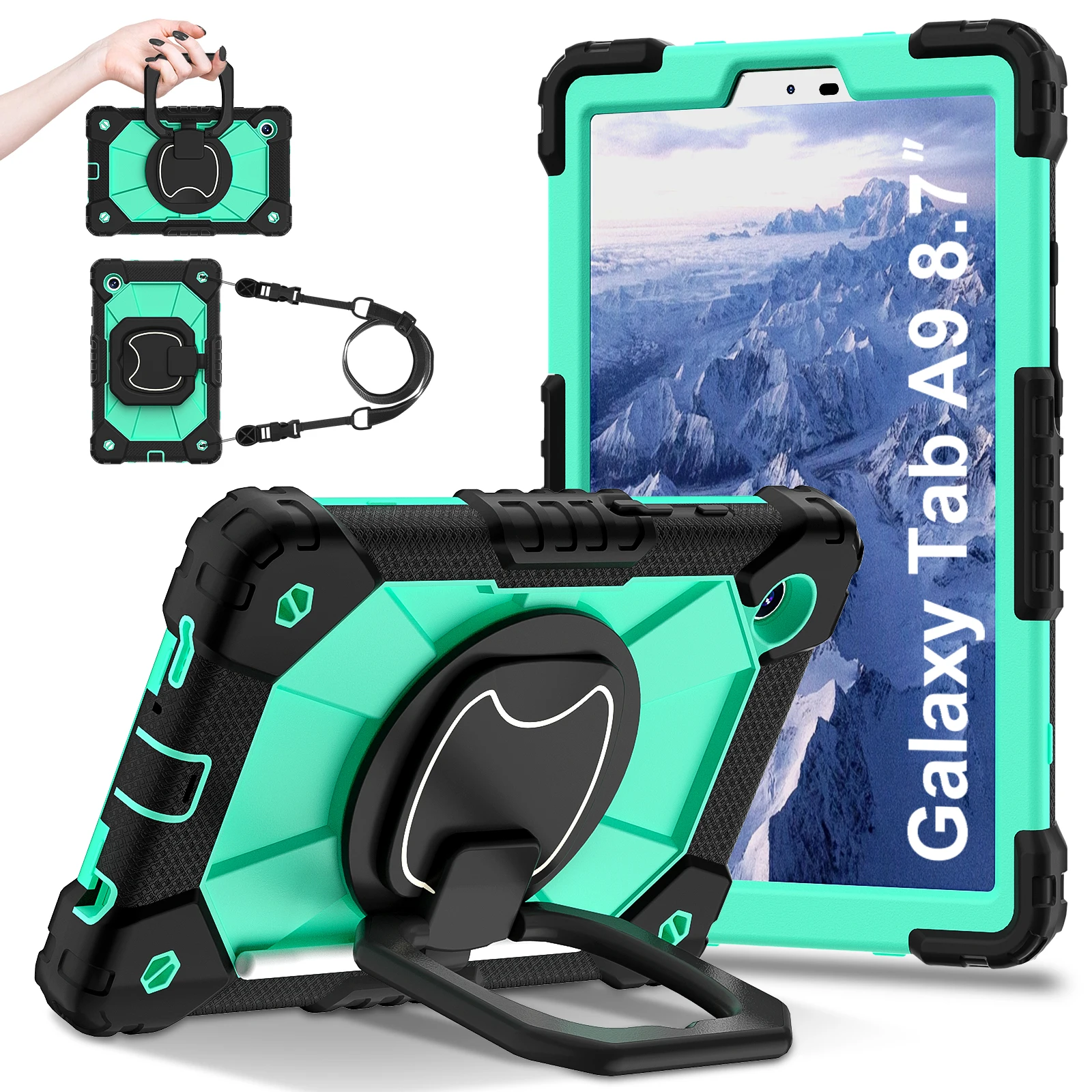 Rotating Heavy Duty Tablet Case with Anti-Slip Armor, Handle Grip, and Neck Strap
