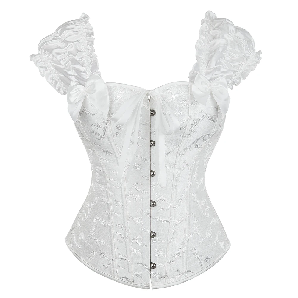 Ruffled Sleeves Overbust Corset Embroidered Floral Black White Waist Bustier Top Corselet