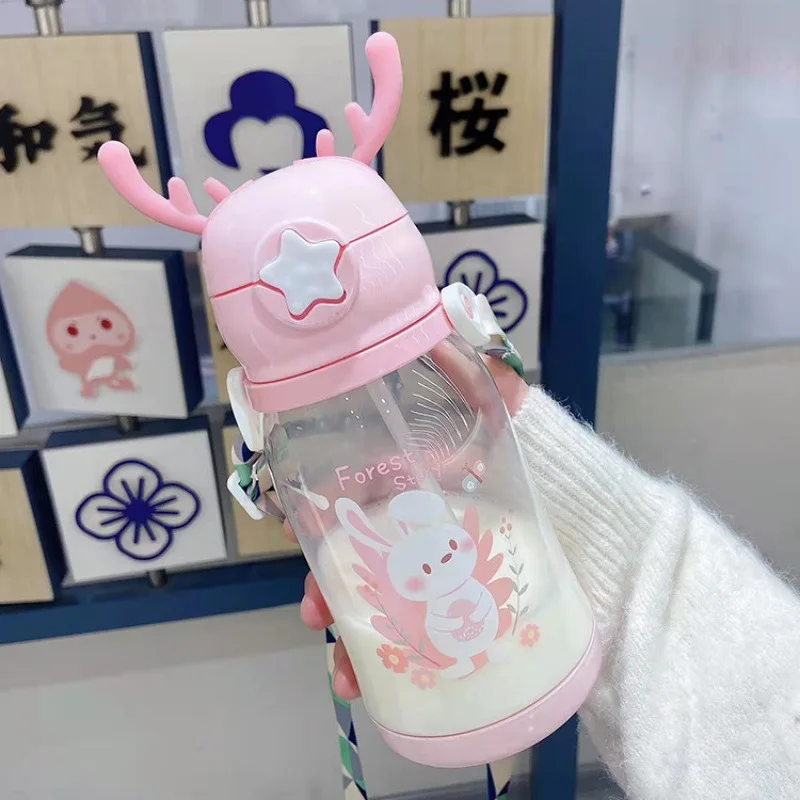 Water Bottle Children's Plastic Antler Straw High Appearance Level Large Capacity Kettle Summer