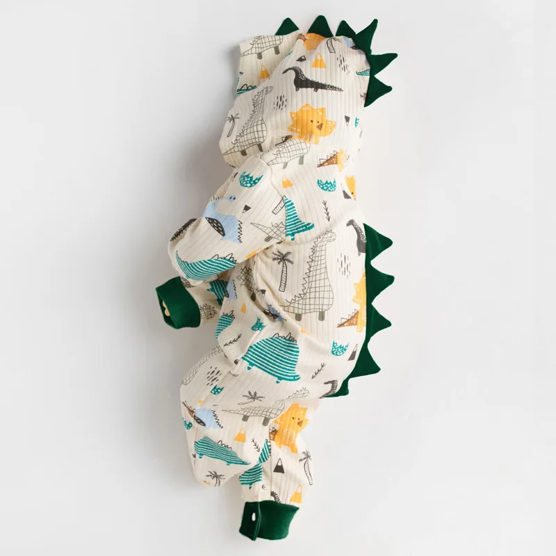 

Baby Boy Spring Dinosaur Jumpsuits Infants Kids Cute Cartton Print Hooded Rompers Children Cotton Oneiece Clothes