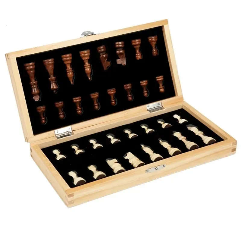 39*39cm Magnetic Wooden Folding Chess Set for Adults and Kids, Felted Game Board, Interior Storage Family Gift