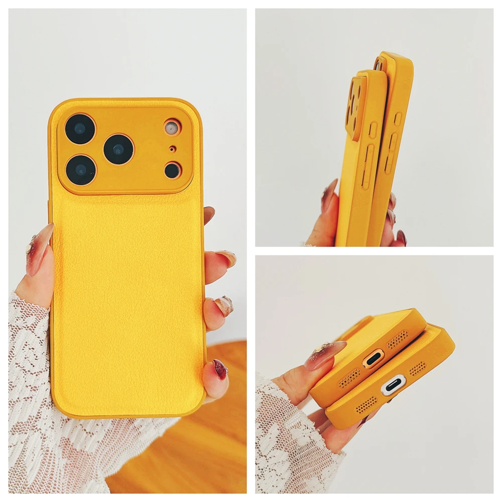 Amber Yellow Lychee Pattern Leather Phone Case with Classic Embossing Design