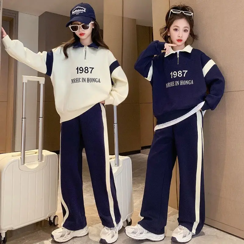 

Teen Girls' Two Pieces Sets Turndown Collar Sweatshirts Long Sleeve Top Wide-leg Straight Pants Patchwork 2023 Autumn 4-12 Yrs