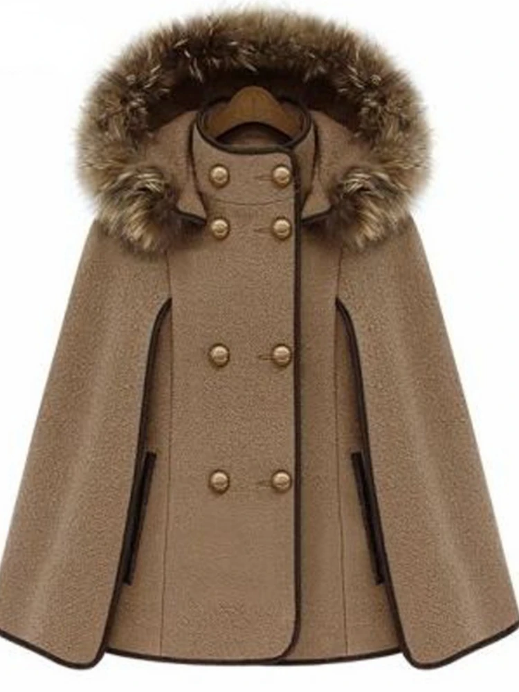 

Coat of Women's Cashmere 2023 Winter Autumn Cloak Wool Warm with Removable Fur Collar Hat Double Button Female Outerwear Manteau