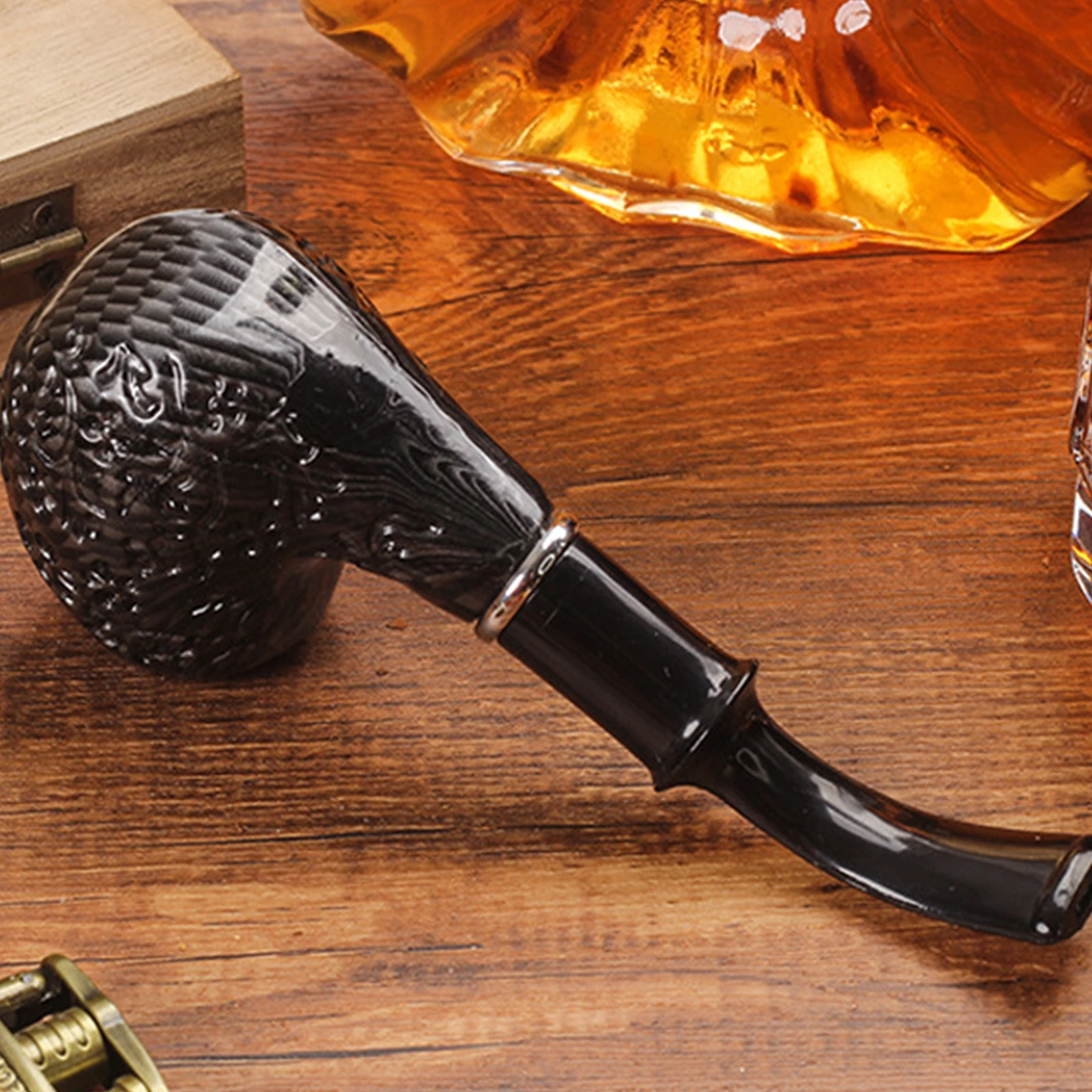 1pc Cigarette Tobacco Black Carved Curved Resin Pipe, Detachable Resin Tobacco Pipe, Smoking Pipe