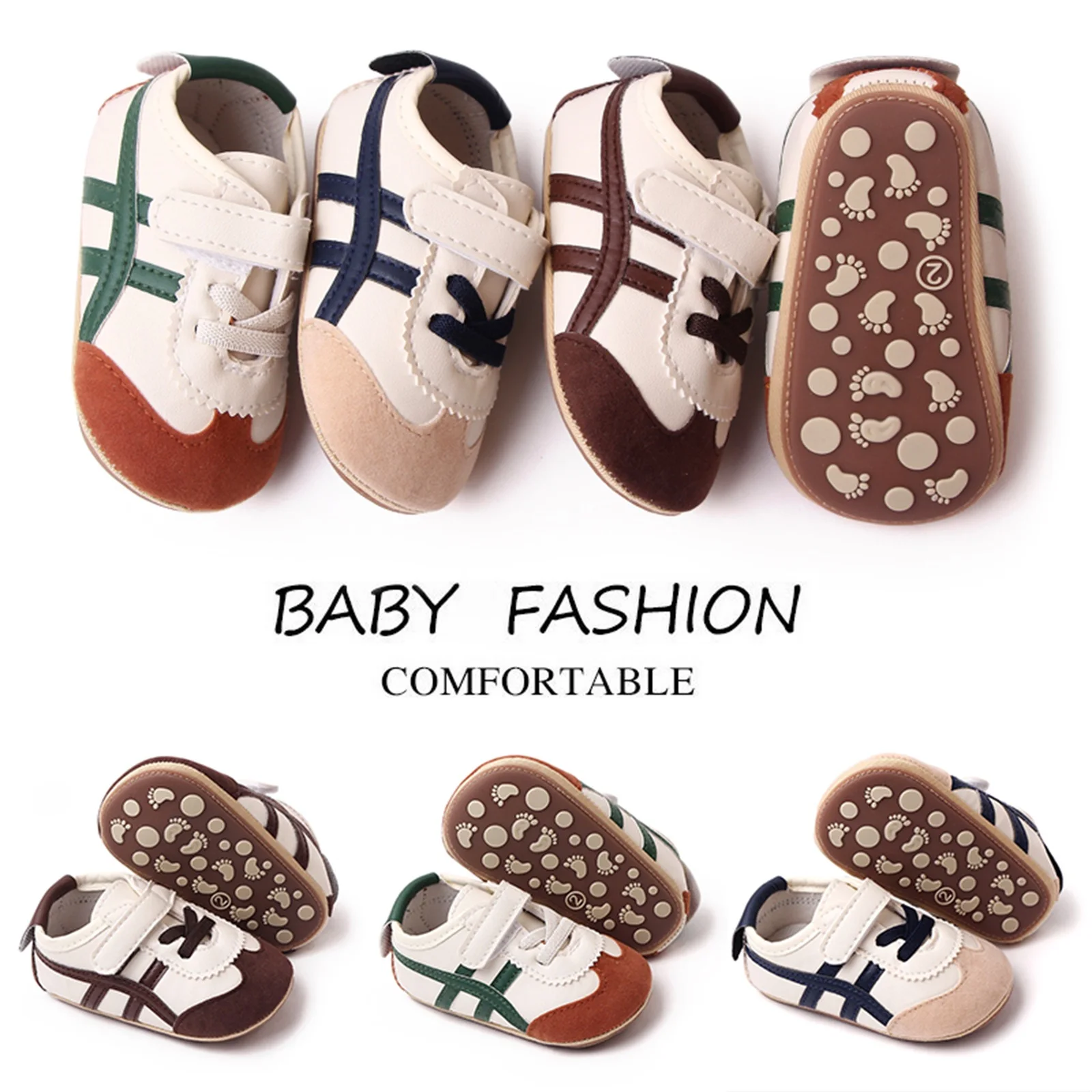 

Toddler Infant Baby Boys Girls Moccasins Sneakers Contrast Color Stripe PU Leather Anti-Slip Sole Prewalker First Walker Shoes