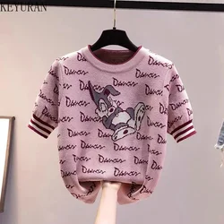 Ins Pink Cartoon Letter Short-sleeved Knitted Tops Women's 2023 Summer Fashion Casual Loose O-Neck Thin Ice Silk T-shirt Woman