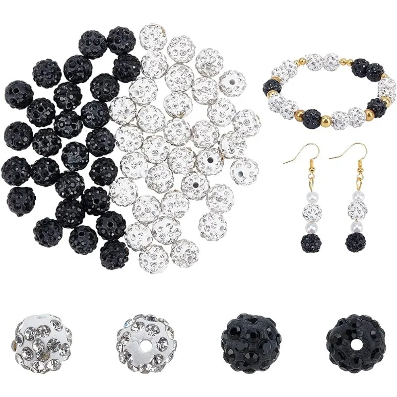 

200 шт., бусины из глины 10 мм, хрустальные бусины, белый, черный ПАВЕ, диско-шар, глиняные бусины, полимерная глина, искусственные бусины для ювелирных изделий