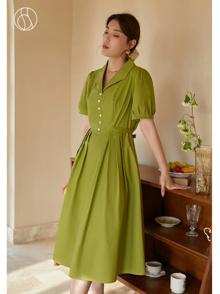 

DUSHU Retro Palace Style Women Dress V-neck High Waist Puff Sleeve Elegant Ladylike Summer 2022 Solid Color Cotton Female Dress