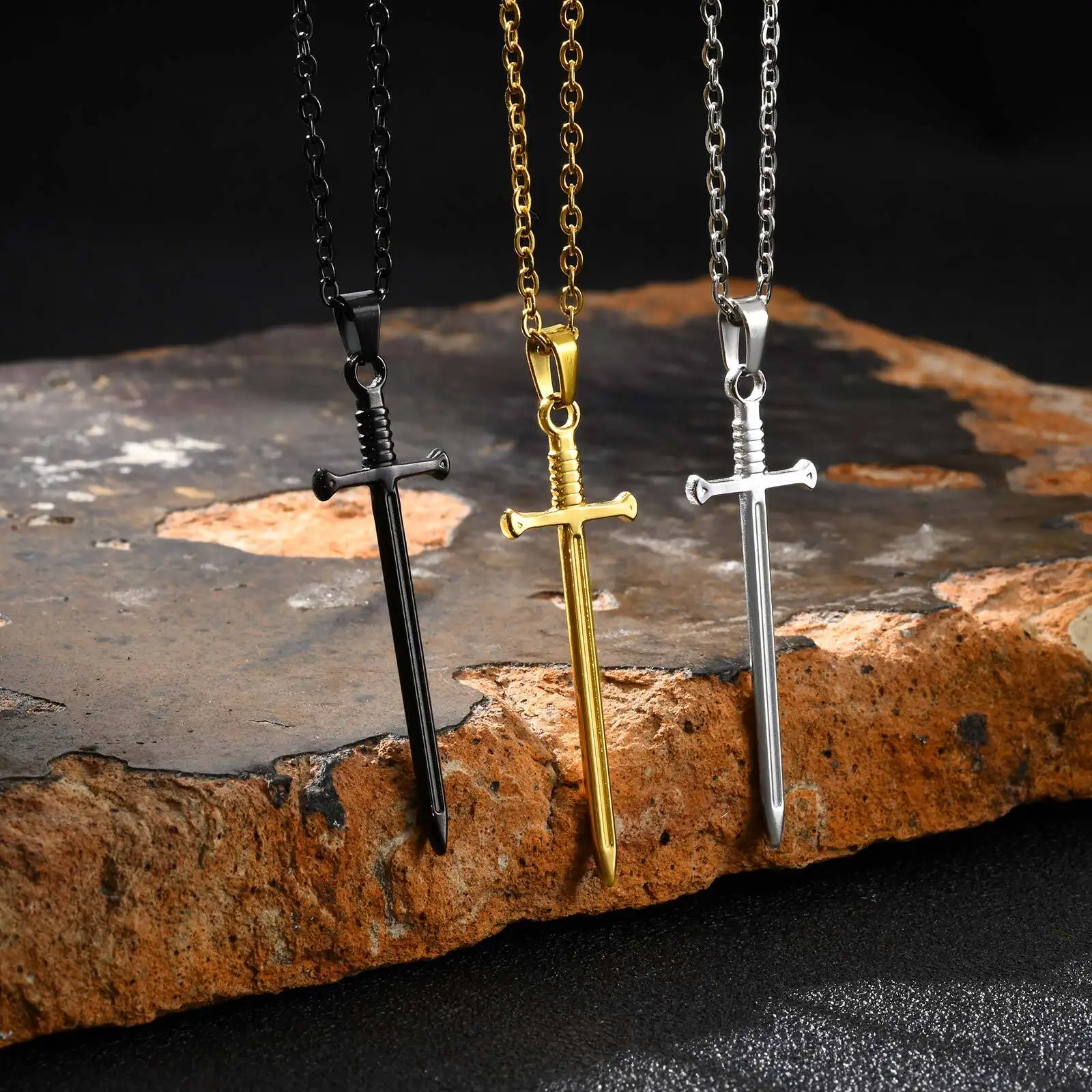 Long Sword Pendant Necklace for Men Boys,Punk Stainless Steel Pendant,50CM Chain Collar