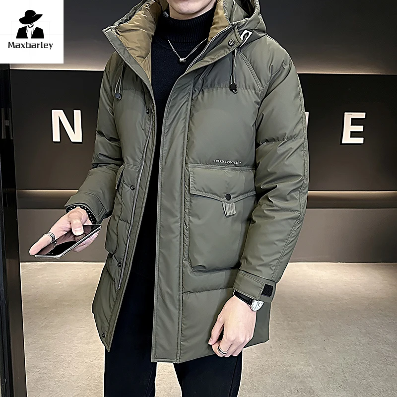 2023 Luxury Brand White Duck Down Jacket Men's Three-proof Fabric Waterproof Hooded Mid-length Down Jacket Men's Winter Ski Coat