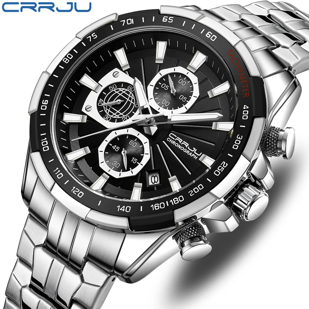 

CRRJU Men Watch Top Brand Luxury Sports Quartz Mens Watches Full Steel Luminous Waterproof Chronograph Wristwatch Men Relogio