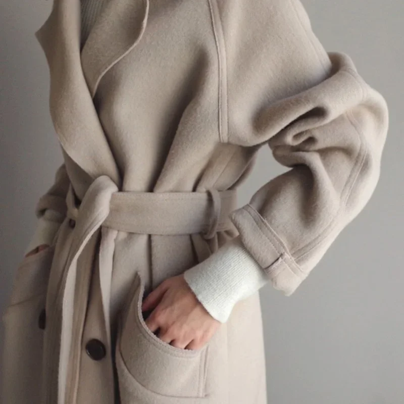 

Winter Women's Beige Elegant Wool Blended Solid Color Korean Long Coat Retro Fashion Black Simple Wool Camel Oversized Coat