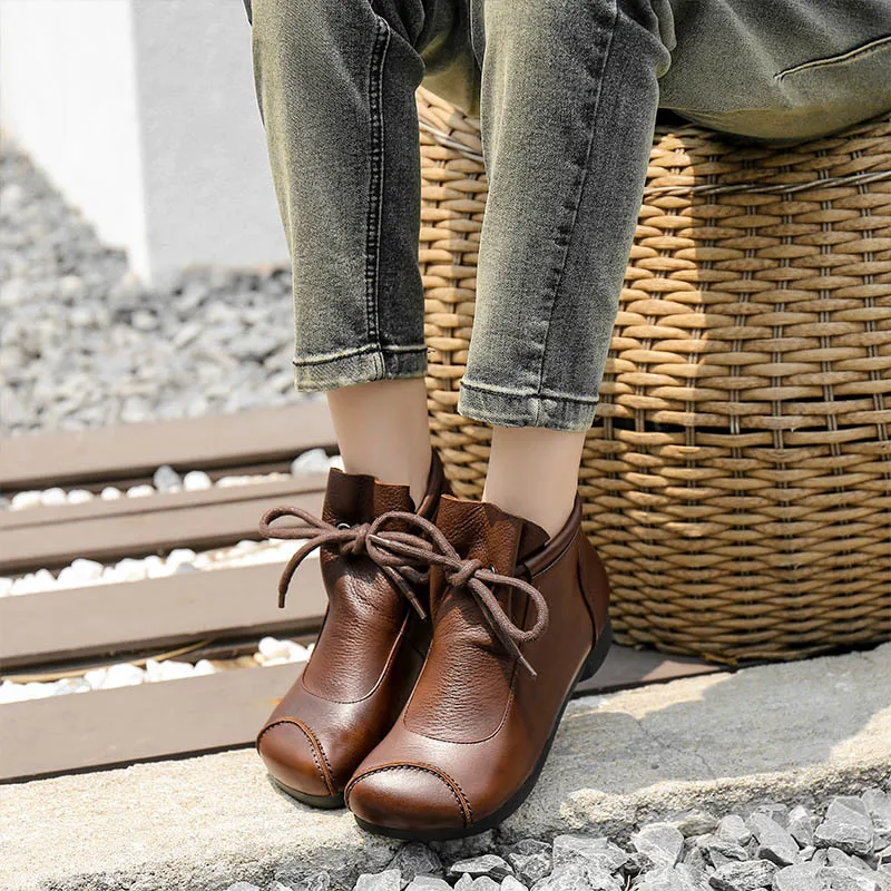 

Round Head Ankle Knight Short Boots Fashion Cross-tied Women Shoes Zapatillas Mujer Soft Genuine Leather Botas Femininas