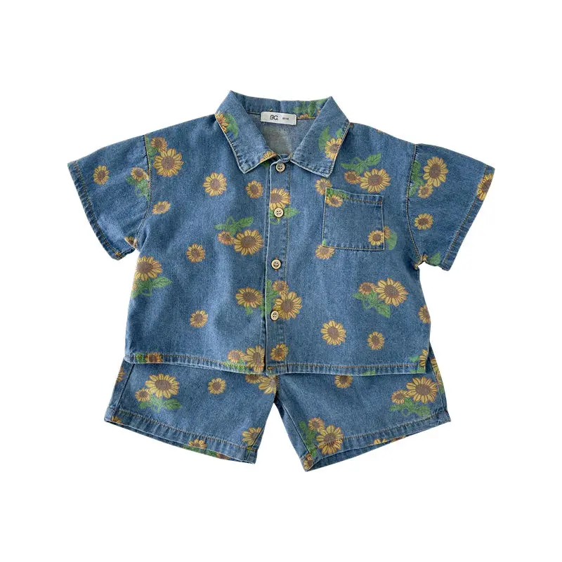 Kids Clothing Set Summer Baby Boys Girls Outfits Sunflower Printed Short Sleeve T-shirts + Shorts 2pcs Denim