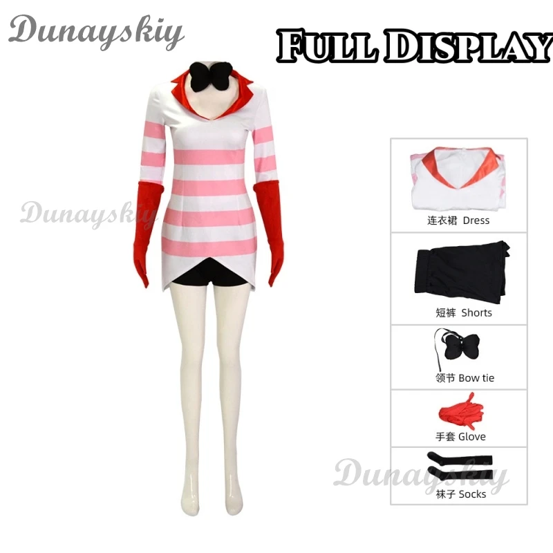 Anime Hazbin Cosplay Hotel Costume Angel Dust Cosplay Dust Angel Sexy Dress Red White Stripe Clothes Socks Halloween Party Woman