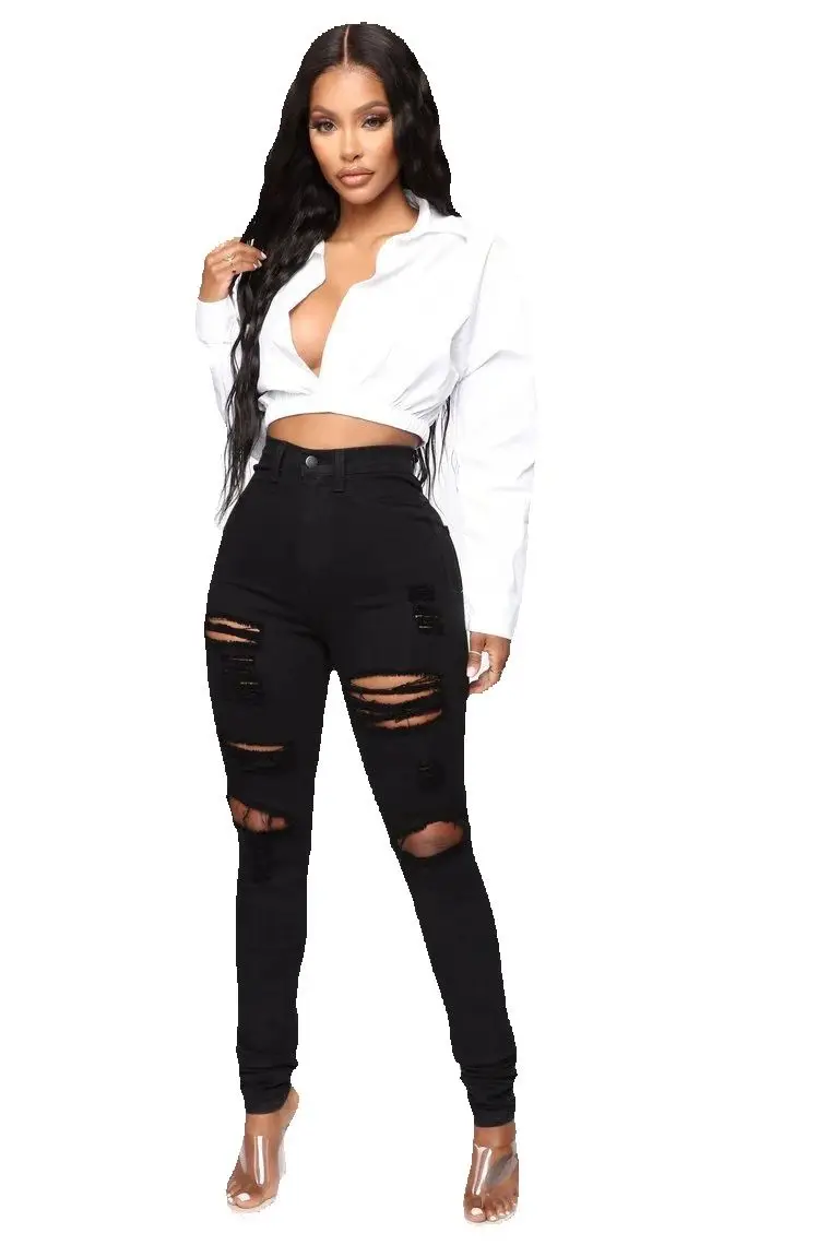 2025 New Black and White Ripped Jeans For Women Fashion Skinny Stretch Denim Pencil Pants Street Casual Trousers XS-XL 3