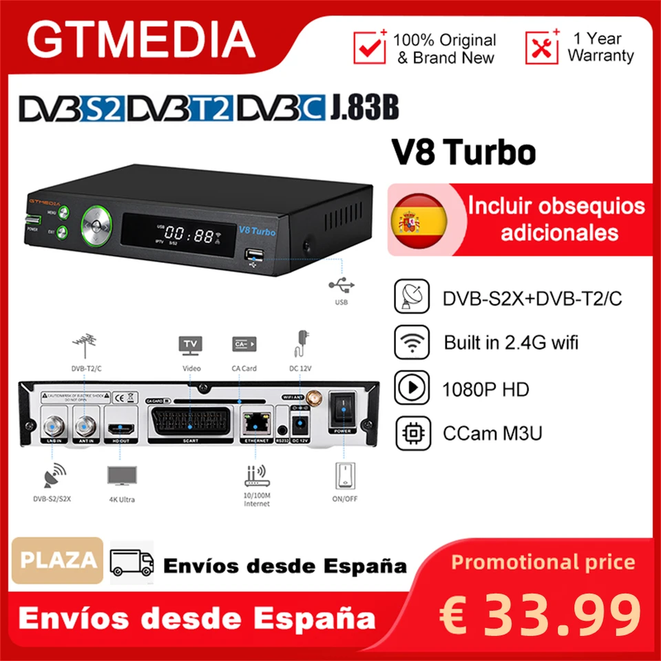 GTMedia Decodificador Satélite V9 Prime DVB-S/S2/S2X, Receptor Satélite  Digital Full HD 1080P Wi-Fi 2.4G, AVS + VCM/ACM/Multi-Stream/T2MI, CCCam,  , Tarjeta CA, Biss Auto Roll, V9 Super Upgrade : .es:  Electrónica