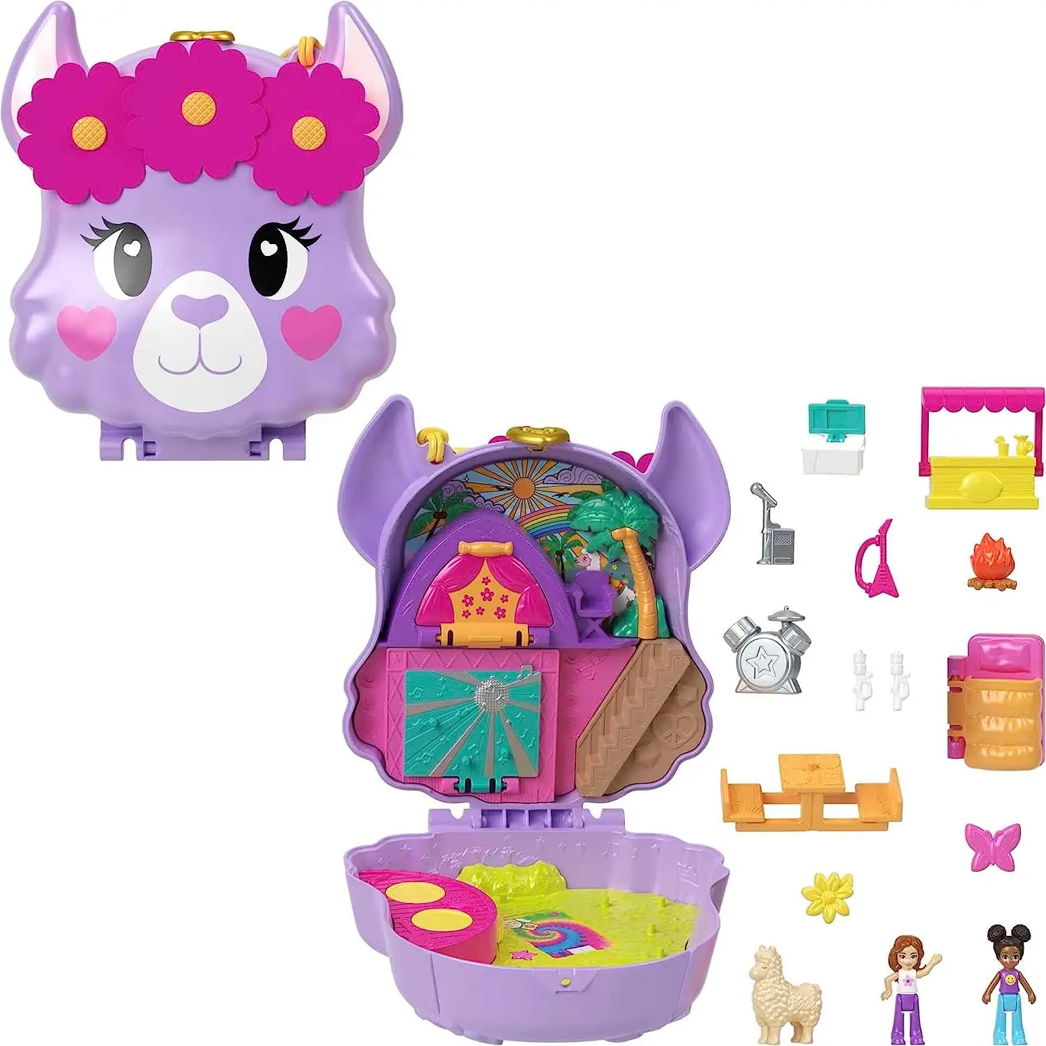 thumbnail image 1 of Juego compacto original de Polly Pocket, Llama Camp Adventure con 2 micromuñecas y 13 accesorios, juguete de viaje con sorpresas, 1 of 5