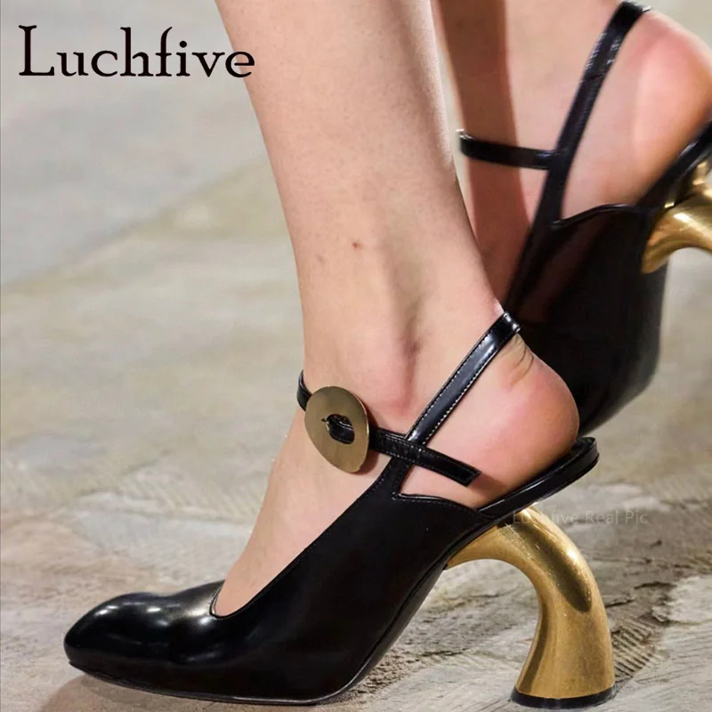2024 Summer New Genuine Leather Strange Heels Shoes for Women Square Buckle Strap Pumps Brand Sexy Party Shoes Mujer