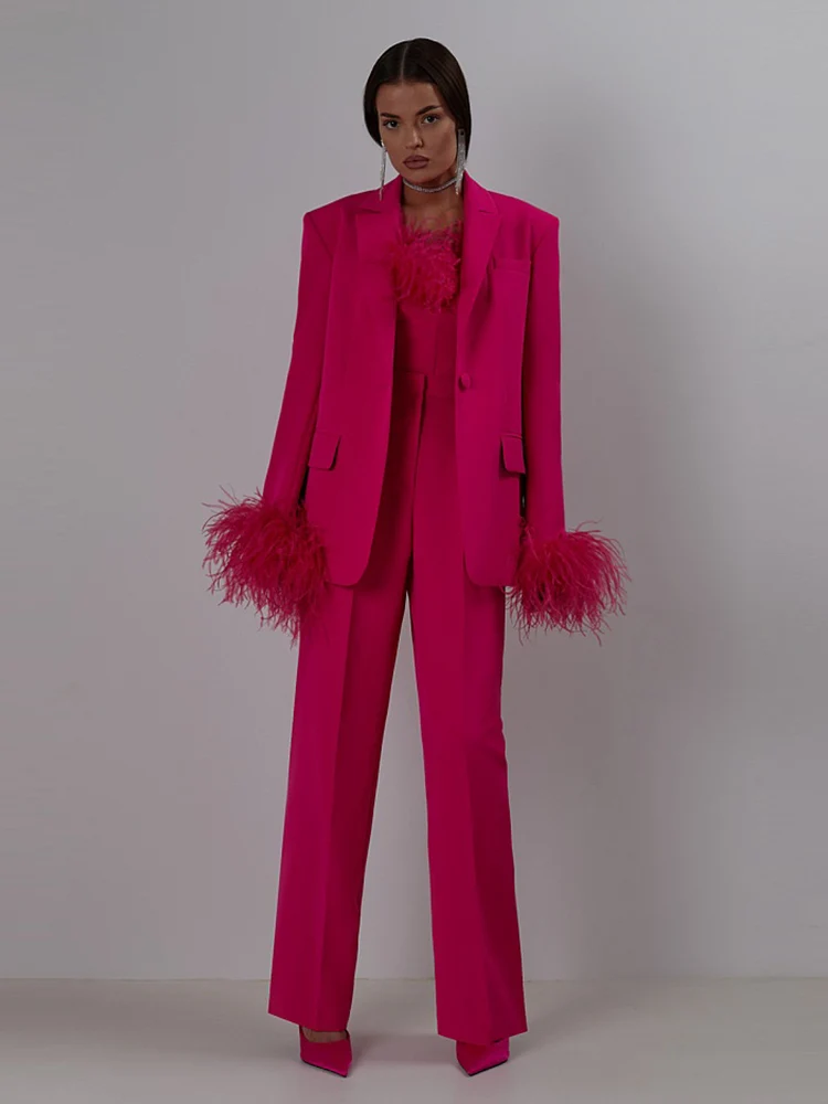 Sexy Feathers Blazer PantSuit Women Black Rose Red Feather Long Sleeve Blazer Jacket+Hihg Waist Pants Two Piece Sets Party Suits 4