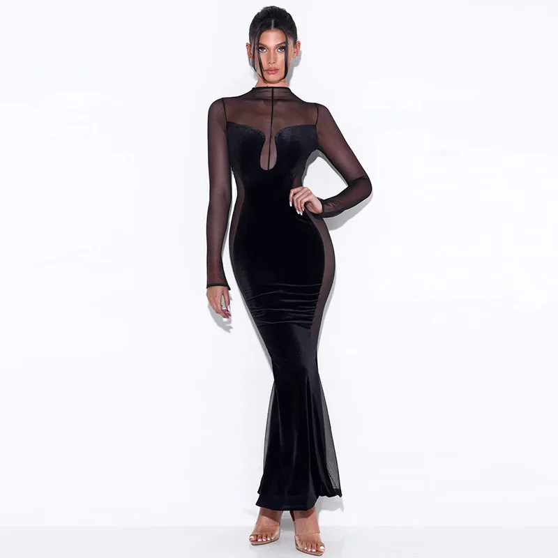 

Velvet Patchwork Mesh Sexy Long Dress for Women Elegant Long Sleeve O Neck Bodycon Maxi Dresses Evening Party Club Vestidos