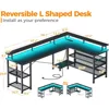 Gaming Desk 66" L with Power Outlet and LED Lights,Gaming Table with USB Ports,L Shape Desk with Storage Shelves & Monitor Stand 6