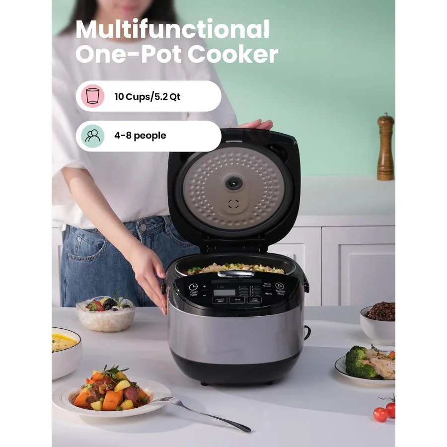 Japanese-style large rice cooker with fuzzy logic technology for precise cooking featuring 11 preset programs capacity for 10 c