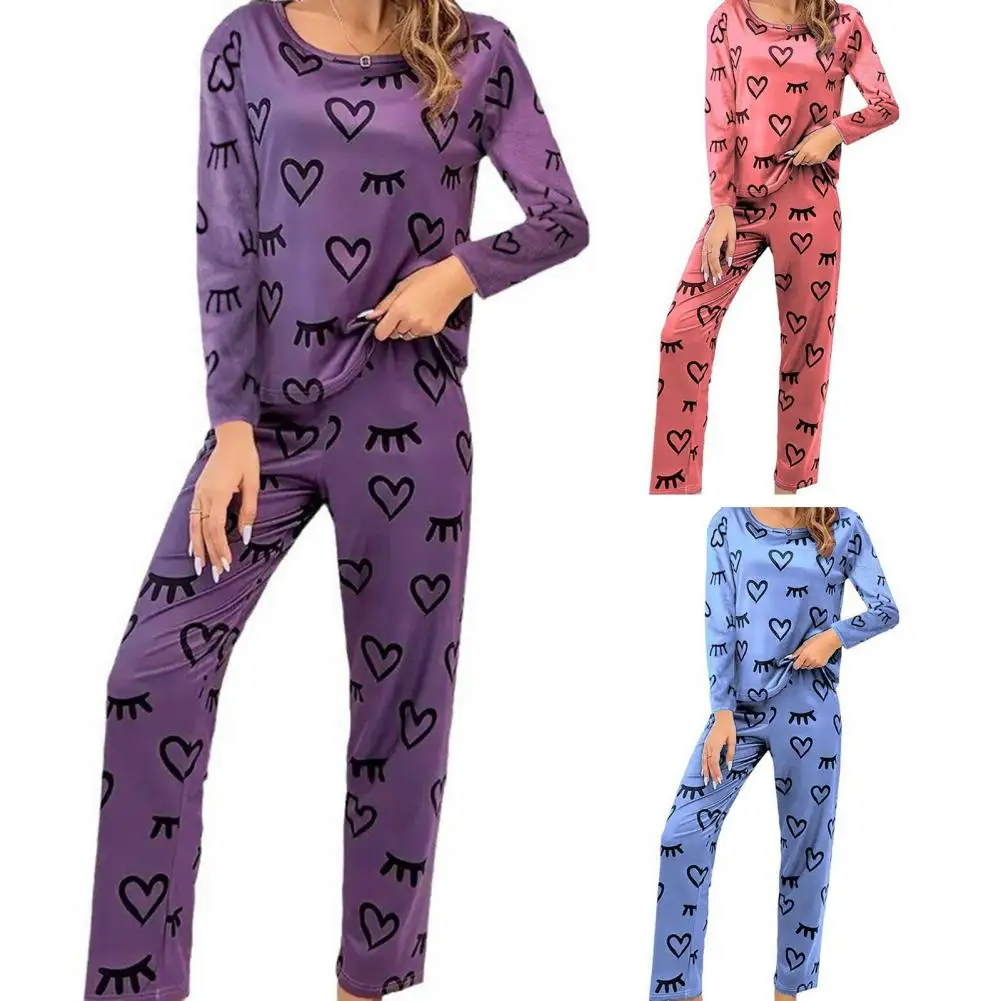

Heart Print Pajama Set Heart Print Women's Spring Pajamas Set with O Neck Long Sleeve Top Elastic Waist Trousers for Comfort