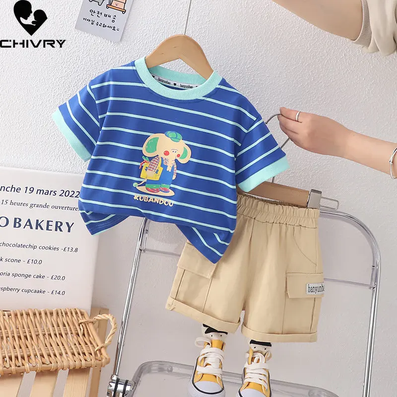 

New 2023 Baby Boy Summer Short Sleeve Round Neck Cute Cartoon Elephant Striped T-shirt Tops with Shorts Boys Clothes Sets
