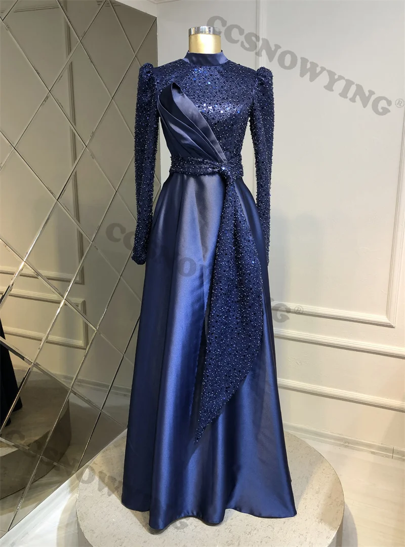 

Luxury Sequin Long Sleeve Satin Prom Dress High Neck Muslim Evening Dresses Formal Occasion Dresses Arabic Dubai Kaftan