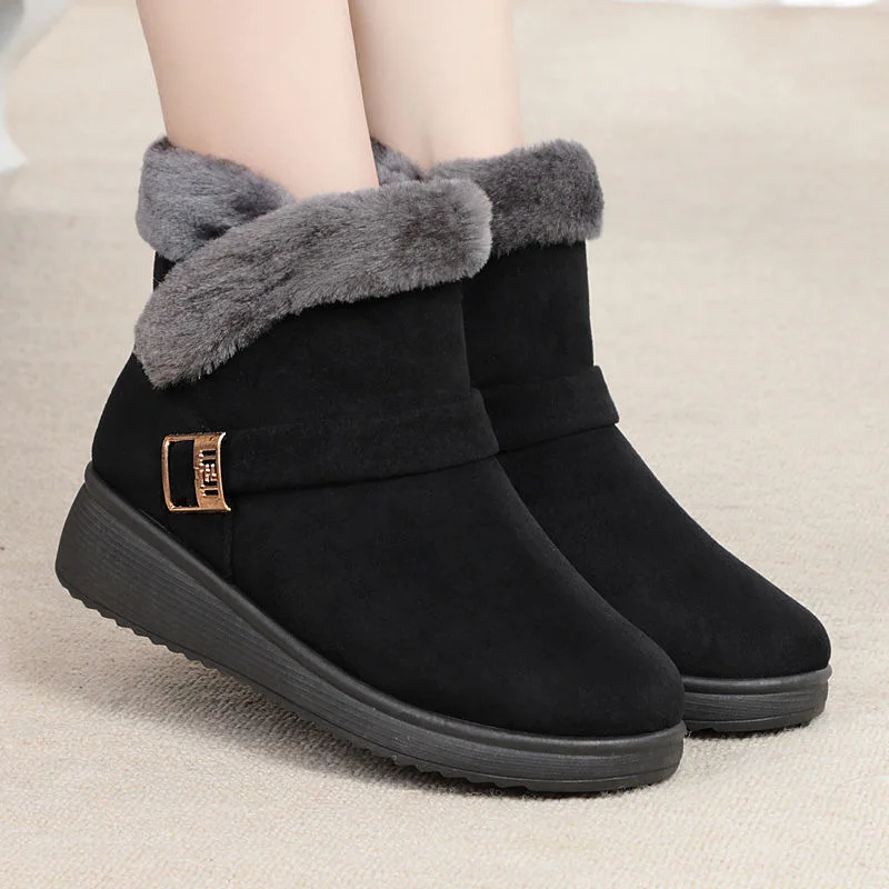 Warm Snow Boots for Fashion MATURE LEISURE Flat with Round Toe Buckle Strap Solid Casual Women Shoes Black Women Boots