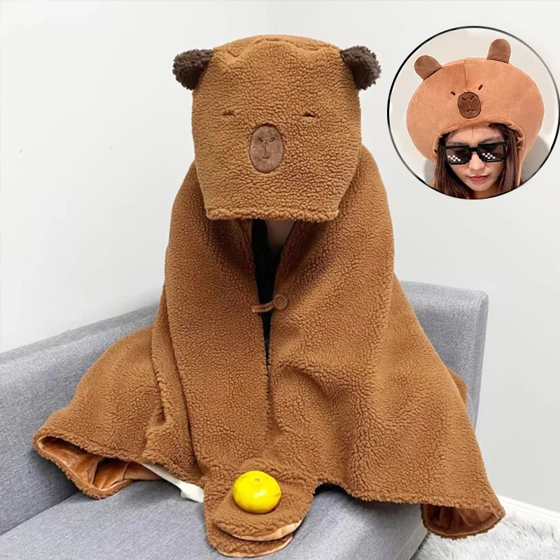

Носимый плюшевый одеяло капибара каваи Косплей капибара плюшевая шапка головной убор мягкая спальная офисная зимняя теплая мультяшная накидка